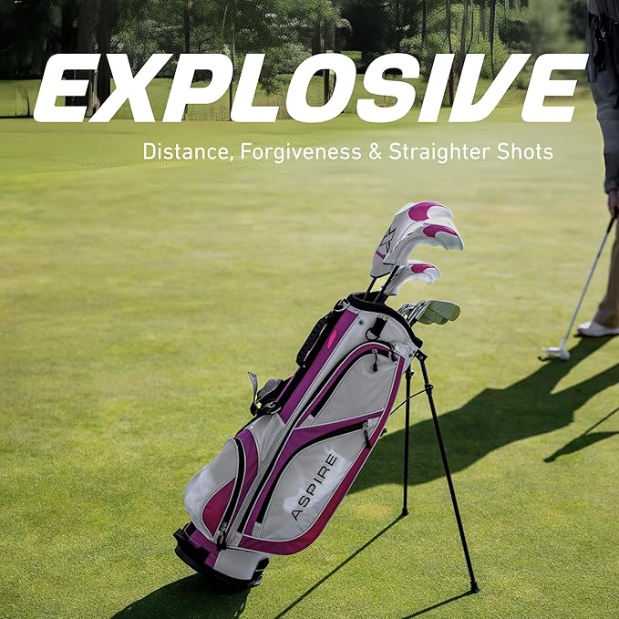 Aspire X1 Womens Golf Clubs Full Set, Includes Driver, Fairway, Hybrid, 6-PW Irons, Putter, Stand Bag, 3 H/C's, Light Graphite Shafts, Golf Clubs Women Right Handed, Purple, Regular or Petite Size