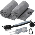 Aulock Golf Towel and Brush Set -16" X 24" Microfiber Towels with Carabiner Clip, Men Cleaning Kit with Golf Club Brush (2 Grey Towel + 1 Brush + Golf Divot Tool)