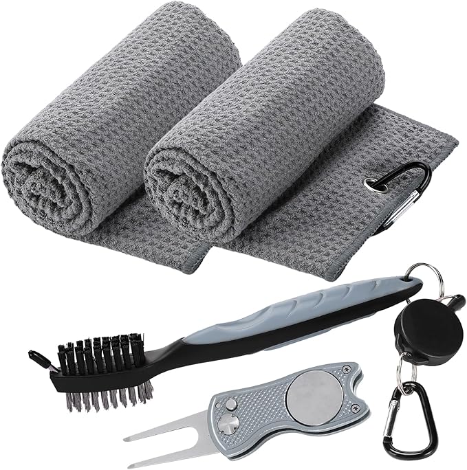 Aulock Golf Towel and Brush Set -16" X 24" Microfiber Towels with Carabiner Clip, Men Cleaning Kit with Golf Club Brush (2 Grey Towel + 1 Brush + Golf Divot Tool)