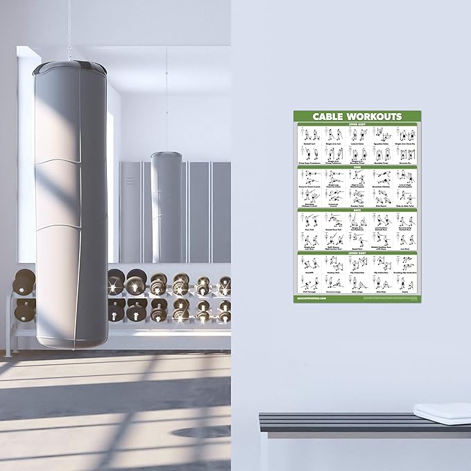 QUICKFIT Workout Poster Cable Machine, an Exercise Chart for Cable Training Station, Laminated, Gym, 18" x 24"