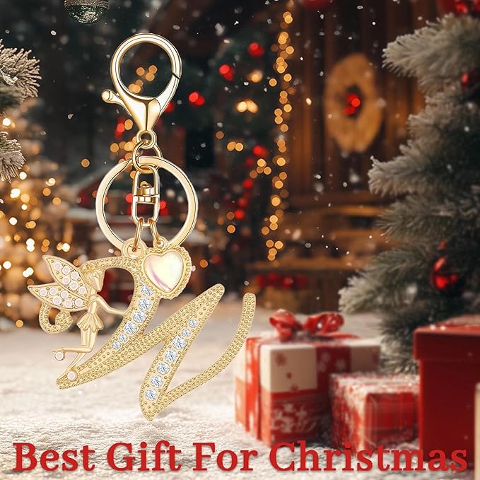 Gold Plated Alphabet Initial Letter Keyring Keychain for Women Girls Crystal Key Chains for Wallet Backpack Bag Charm