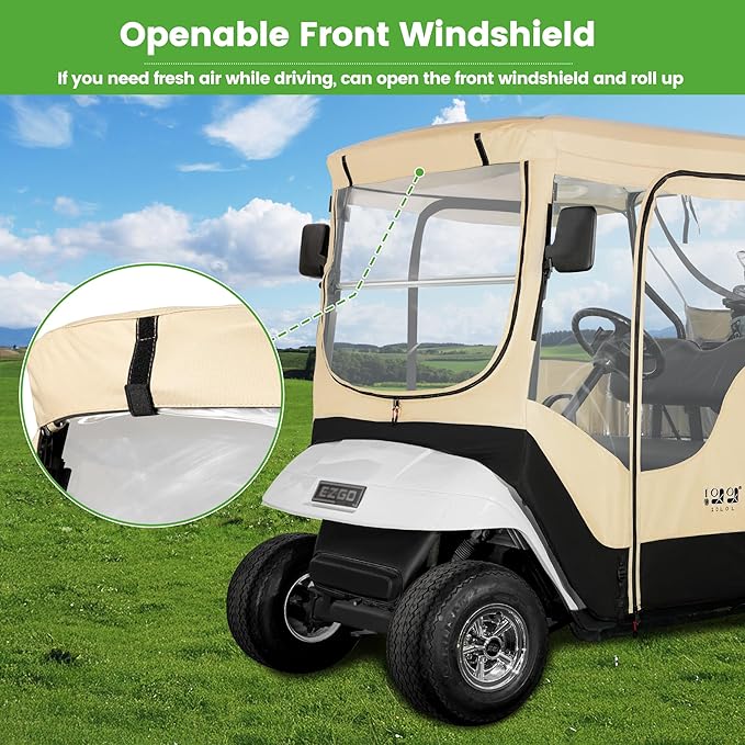 10L0L Golf Cart Enclosure Fit for 2 Passengers EZGO TXT RXV,600D Waterproof Snowproof Golf Buggy Keep Warm Cover, 2 Door Zippers 4-Side Clear Window and 4 Windproof Hooks Golf Cart Rain Cover, Black