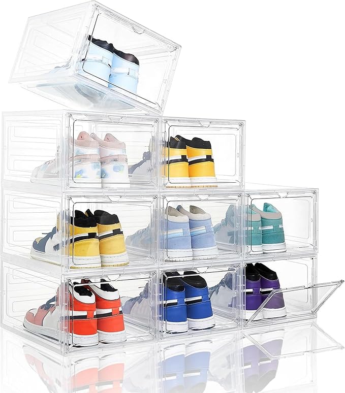 Attelite Upgraded Shoe Storage Box 9 Pack Shoe Box Clear Plastic Stackable X-Large Drop Front Shoe Box with Clear Magnetic Door,Shoe Organizer and Shoe Containers For Sneaker Display