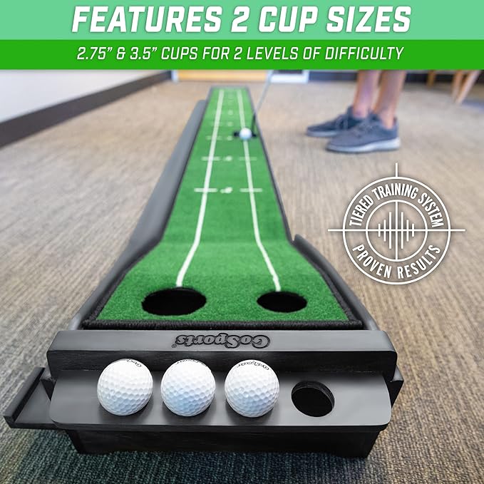 GoSports Pure Putt Golf 9 ft Putting Green Ramp - Black or Brown - Premium Wood Training Aid for Home & Office Putting Practice - Includes 4 Golf Balls