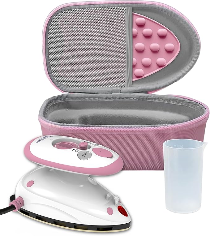 The Quilted Bear Premium Mini Steam Iron - Lightweight Mini Travel Iron for Effortless Quilting & Wrinkle-Free Clothes with Carry Case & Iron Rest Set - Travel Steamer for Clothes & Crafts (Pink)