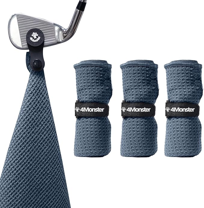 4Monster Golf Towels 3-Pack with Detachable Magnet and Portable Pouch, Quick-Dry Microfiber Golf Towel Set for Golf Bags,Custom Towel Gifts for Men or Women (3, Navy Blue)