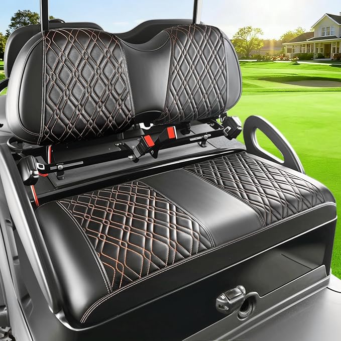 Drive-up Golf Cart Front Seat Covers Fit for Club Car Precedent, Waterproof Leather Club Car Seat Covers with Diamond Cross Pattern, Black PVC with Brown Stitching
