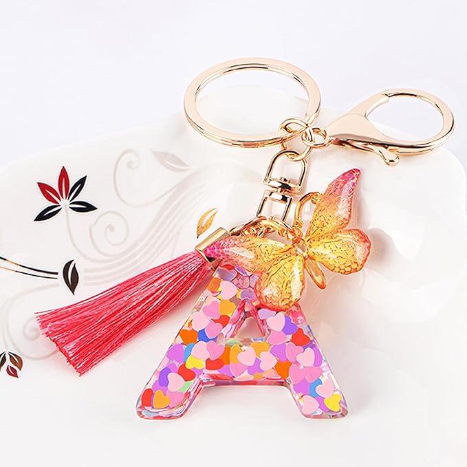 Suweibuke Colourful Cute Initial Letter Keychains for Women Girls with Tassel Butterfly, Charm for Purse Handbags Backpacks