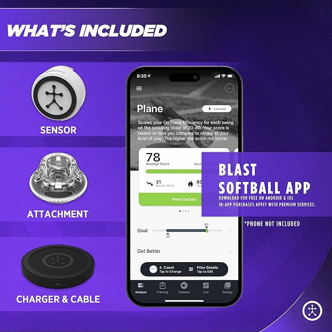 Blast Motion Softball Swing Analyzer - Improve Your Swing at Every Level - Batting Trainer - Real-time Feedback, Swing Metrics, Video Capture Highlights, Track Performance (GEN3 Sensor)