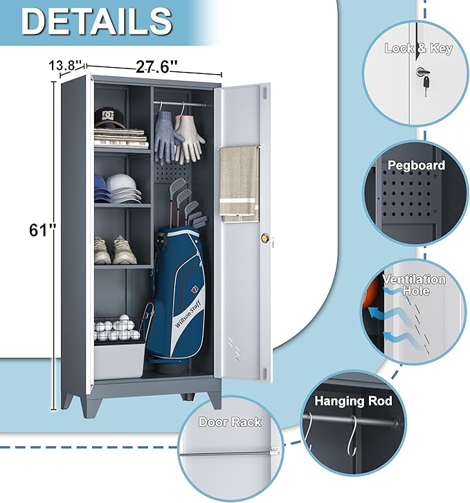 Metal Golf Bag Storage Cabinet, Golf Storage Organizer for Garage, Golf Bag Stand Rack with Locking Doors, Golf Club Organizer for Bag, Shoes, Golfing Accessories, Sports Equipment