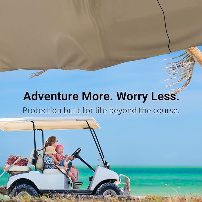 AllGuard Weatherproof Golf Cart Cover, Heavy Duty Polyester, Protects from Rain, Sun, UV & More - Tan (Fits Length: 86" - 106")