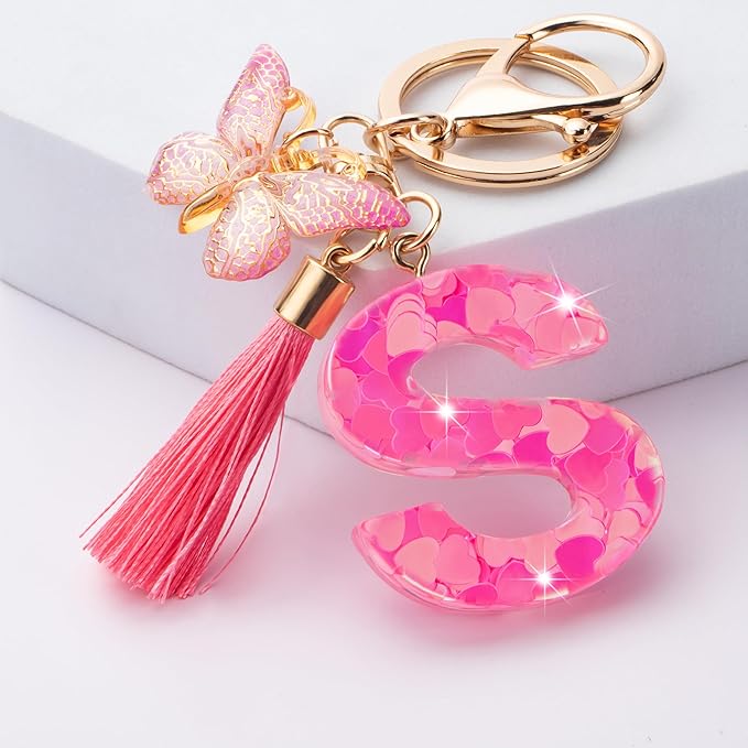 Suweibuke Colourful Cute Initial Letter Keychains for Women Girls with Tassel Butterfly, Charm for Purse Handbags Backpacks