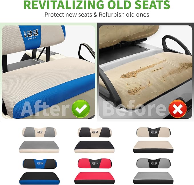 10L0L Golf Cart Seat Covers Kit - Universal Fit for EZGO TXT/RXV Front Seats | Breathable Mesh Fabric | Easy Installation | Beige & Blue (No Staples Required)