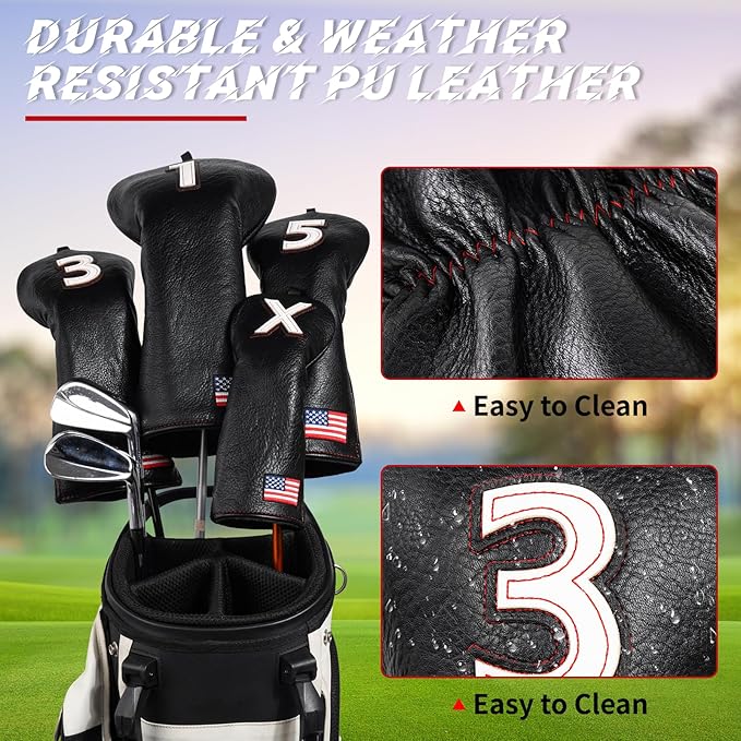Golf Head Covers, American Flag Patriotism Golf Club Cover for Woods and Driver, Fairway, Hybrid - Premium Leather Golf Club Head Covers with Interchangeable Tags