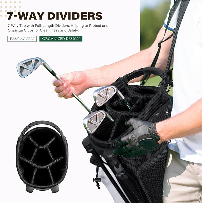 Golf Stand Bag with 7 Way Top Dividers, Lightweight Golf Bags for Men Women with Multiple Pockets, Dual Straps