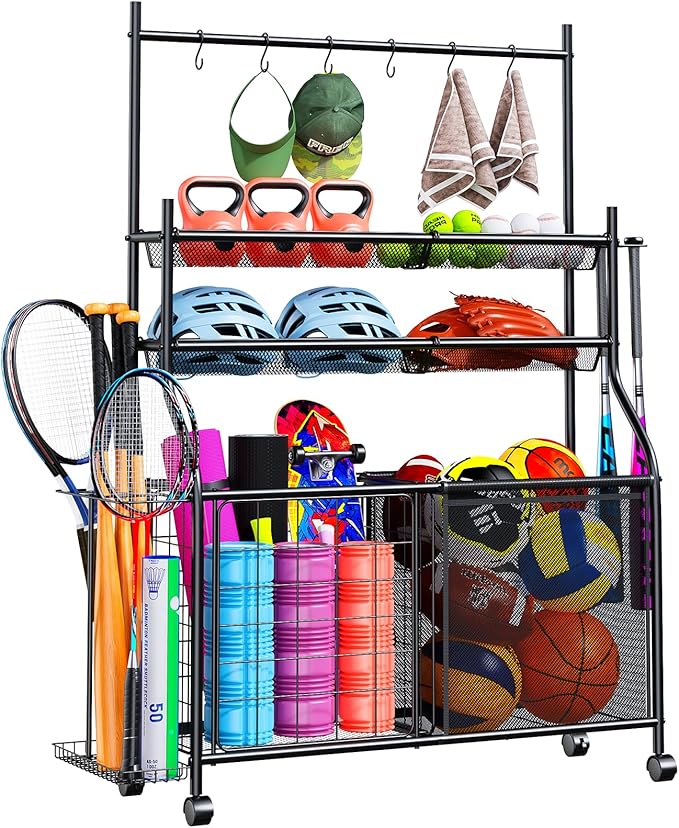 Large Sports Organizer for Garage, Ball Storage Rack Garage Sports Equipment Organizer with Side Racks, Baskets, Hooks, Multi-Purpose Golf Gear Storage for Gym Indoor Outdoor