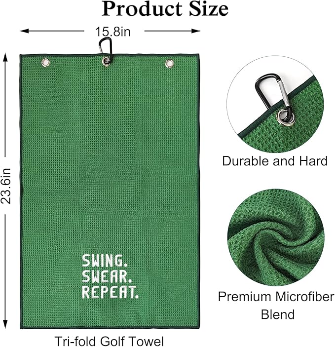 DYJYBMY Swing Swear Repeat Funny Golf Towel, Embroidered Green Golf Towels for Golf Bags with Clip, Golf Gift for Men Husband Boyfriend Dad, Birthday Gifts for Golf Fan, Funny Golf Lover Gift