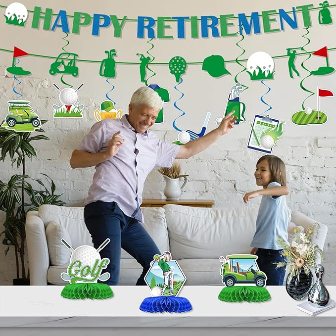 Golf Retirement Party Decorations - 13PCS Golf Themed Party Decorations Happy Retirement Banner Hanging Swirls Honeycomb Centerpieces Sport Themed Retire Going Away Partee Decor Supplies