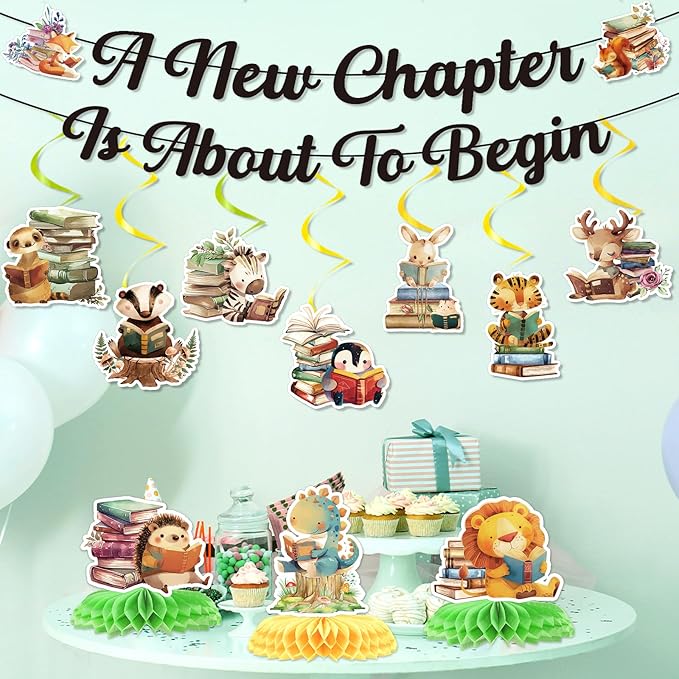 Book Baby Shower Decorations - 12PCS Book Themed Party Decorations A New Chapter Is About to Begin Baby Shower Banners Hanging Swirls Honeycomb Centerpieces Storybook Gender Reveal Supplies