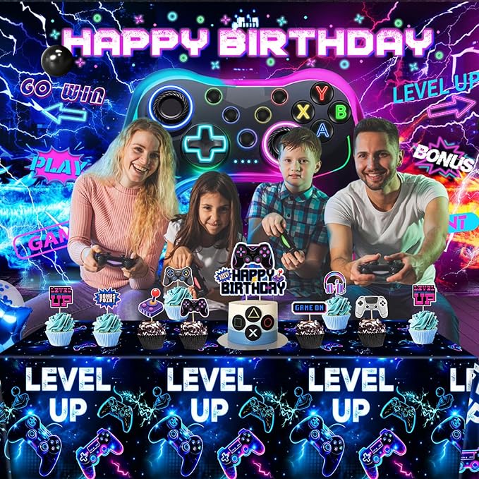 4 PCS Video Game Tablecloth for Boys Girls Kids Player Gaming Birthday Party Decorations, 54 x 108 Inch