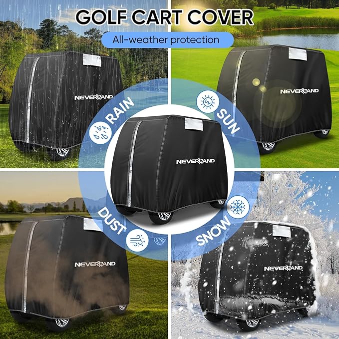 NEVERLAND Golf Cart Cover - Waterproof Golf Cart Covers - Fits for Yamaha Golf Carts EZ GO Club Car - Outdoor Windproof Sunproof (Black, Fit for 2+2/4 Passenger Cart)