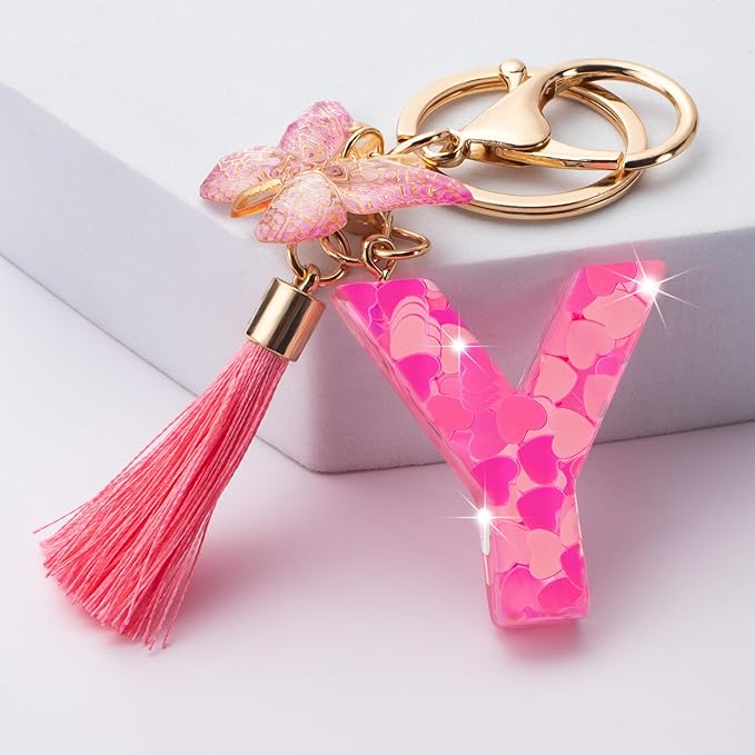Suweibuke Colourful Cute Initial Letter Keychains for Women Girls with Tassel Butterfly, Charm for Purse Handbags Backpacks