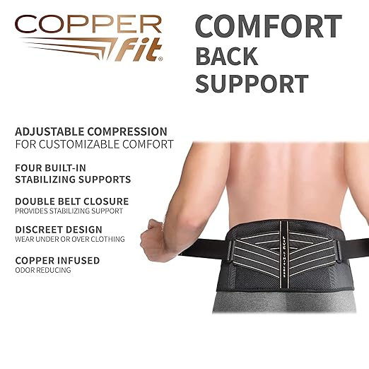 Copper Fit Pro Back Support, Black with Copper Trim, Large/X-Large, Unisex Waist Size 39”-50” (CFBACK)