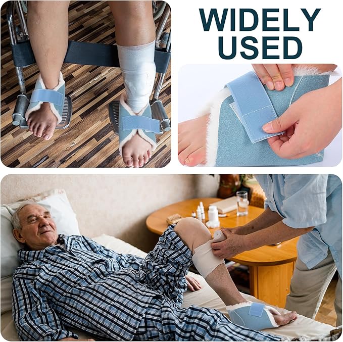 2 Pcs Heel Protectors for Pressure Sores Sheepskin Heel Pads Soft Foot Cushions Pad Protectors Adjustable Foot Pillows with Securing Strap for Bed Sore Ankle Ulcers(Light Blue)