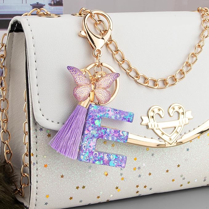 Suweibuke Colourful Cute Initial Letter Keychains for Women Girls with Tassel Butterfly, Charm for Purse Handbags Backpacks