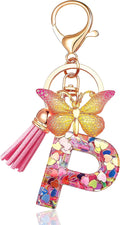 JINGUAZI Initial letter Keychains for Women Tassel Butterfly Pink Purple Cute Car Keychain for Wallet Backpack bag charm