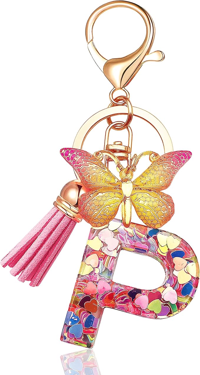 JINGUAZI Initial letter Keychains for Women Tassel Butterfly Pink Purple Cute Car Keychain for Wallet Backpack bag charm