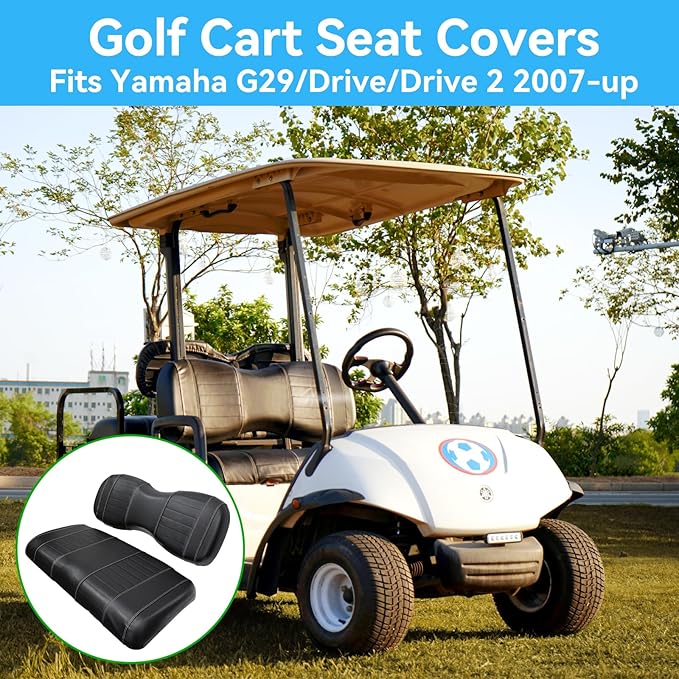 Golf Cart Seat Covers fits Club Car Precedent/DS/EZGO RXV/TXT/Yamaha Front Rear Seat Cushion，Black Leather Custom Stripe Soft Comfortable/Anti-Scratch/Easy to Clean