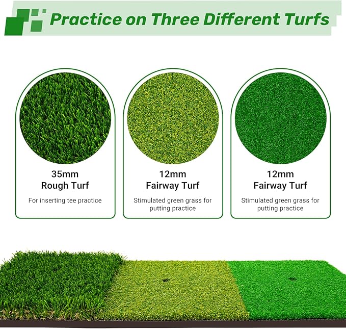 3-in-1 Golf Chipping Mat – Tri-Turf Golf Practice Mat for Indoor & Outdoor Use, Durable Grass Hitting Pad for Driving, Chipping & Putting Training, Portable Backyard Golf Trainer
