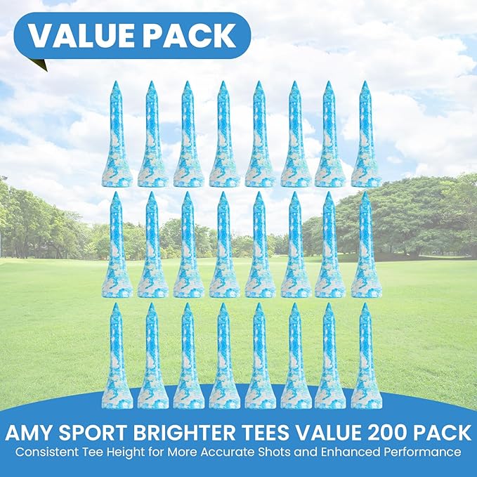 Amy Sport Golf Tees Styllish Bamboo Wooden Coloured Painted Bulk 200 Pack 1 1/2 3 1/4 2 3/4 Inch Tee, Enhanced Visibility Color Purple Pink Green Blue, Practice for Men Women