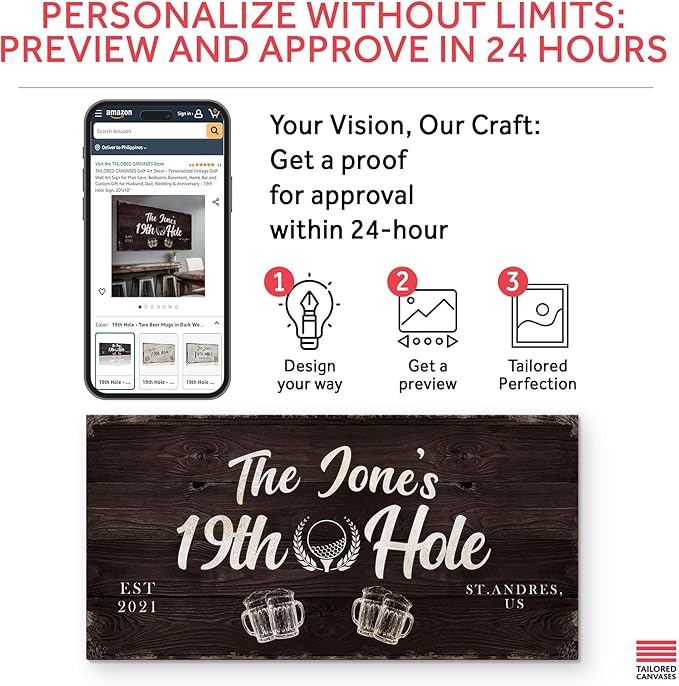TAILORED CANVASES Golf Art Decor - Personalized Vintage Golf Wall Art Sign for Man Cave, Bedroom, Basement, Home Bar and Custom Gift for Husband, Dad, Wedding & Anniversary - 19th Hole Sign, 20"x10"