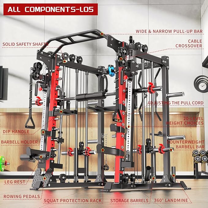 Smith Machine，Multi-Function Squat Rack Power Cage with Cable Crossover System,with Optional Weight Bench, Olympic Barbell Weight Set, for Home Gym