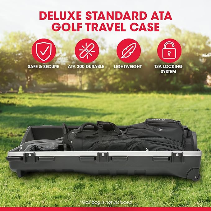SKB Staff ATA Hard Shell Plastic Golf Travel Case for Cart Bags with Wheels - Heavy-Duty Rolling Club and Driver Carrier for Airline Transport, Impact-Resistant with TSA Locking Latches