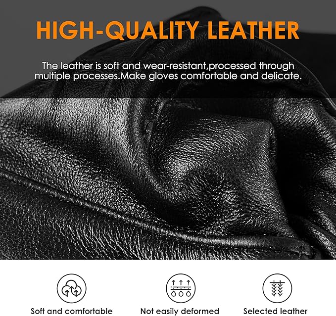Genuine Sheepskin Leather Gloves for Men, Soft Cashmere Winter Warm Touch Screen Gloves Motorcycle Driving Gloves