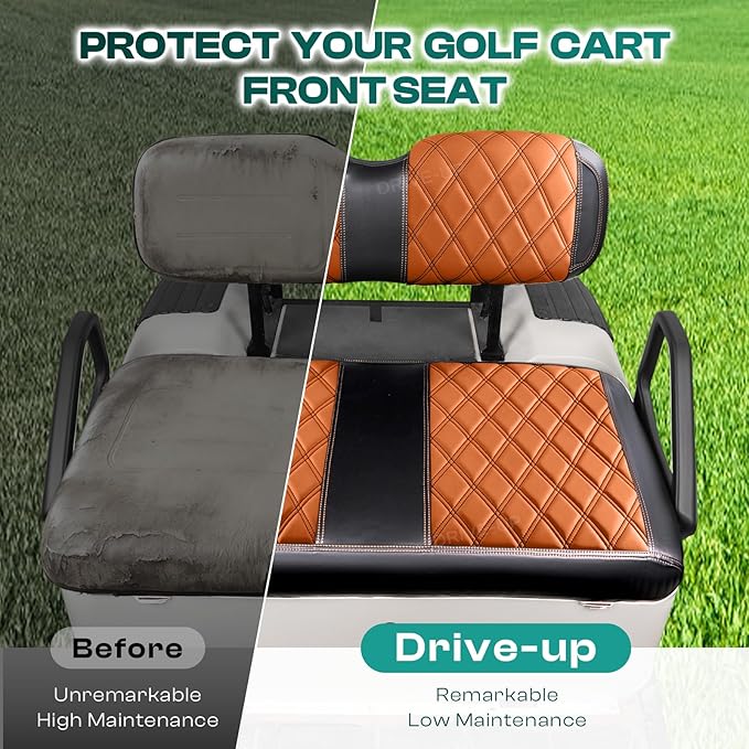 Drive-up Golf Cart Diamond Seat Covers, Brown EZGO Seat Covers with Adjustable Buckle Fit for EZGO TXT Golf Carts, Wipe Clean PVC with Black Stitching