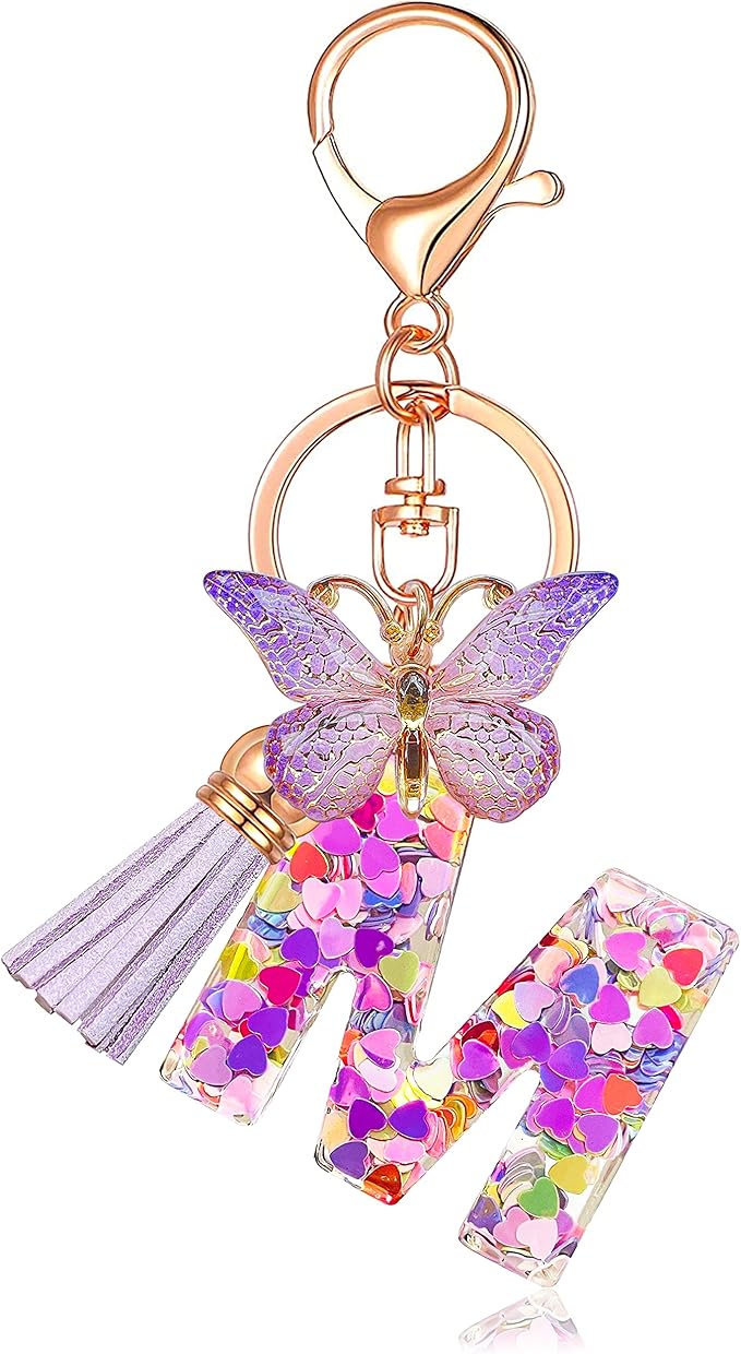 JINGUAZI Initial letter Keychains for Women Tassel Butterfly Pink Purple Cute Car Keychain for Wallet Backpack bag charm