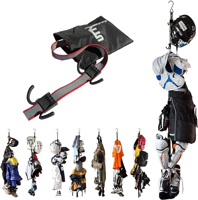 UTTY Hanging Multipurpose Portable Hockey Gear Drying Rack - Durable Gear Keeper & Sports Equipment Organizer - 6 Durable Adjustable Hooks, Support Light to Heavy Weight for Home, Travel & Outdoor Use