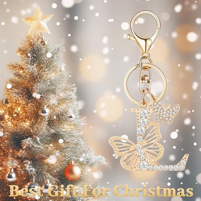 Gold Plated Alphabet Initial Letter Keyring Keychain for Women Girls Crystal Key Chains for Wallet Backpack Bag Charm
