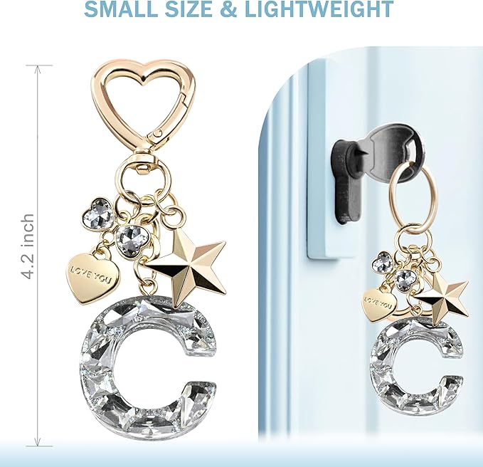 Cute Bling Keychain initial Letter Butterfly Star Pink Purple Gift for Women Girls Bag Cup Charms Accessories