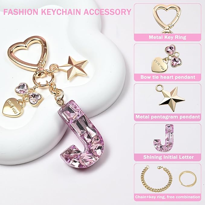 Cute Bling Keychain initial Letter Butterfly Star Pink Purple Gift for Women Girls Bag Cup Charms Accessories