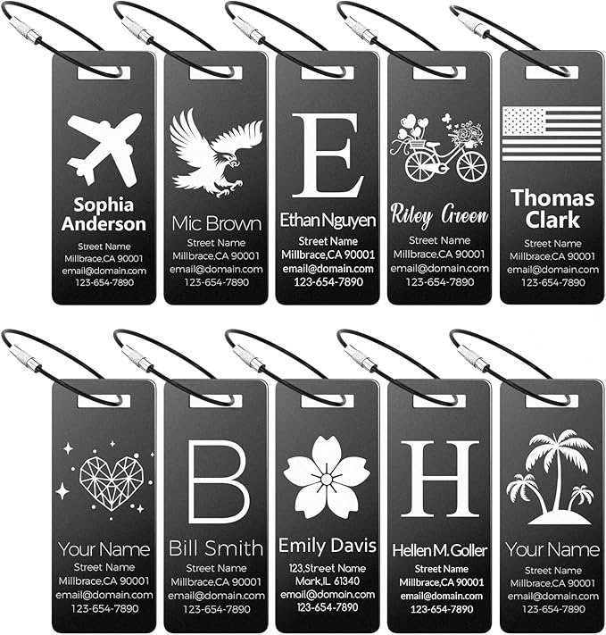 10 Personalized Metal Luggage Tags, Custom Suitcase Aluminum Name Tags with Steel Ring, Laser Engraved Name and Logo, for Travel, Backpack, Baggage, Golf Bag (Black)