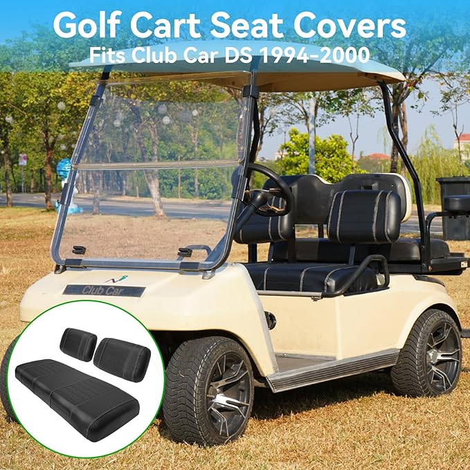 Golf Cart Seat Covers fits Club Car Precedent/DS/EZGO RXV/TXT/Yamaha Front Rear Seat Cushion，Black Leather Custom Stripe Soft Comfortable/Anti-Scratch/Easy to Clean
