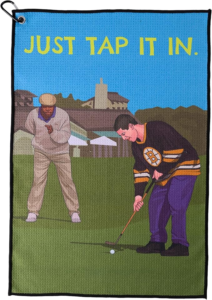 ZEETY Funny Golf Towel – 16" x 24" Premium Microfiber with Clip Holder for Golf Bags – Golf Accessories & Gifts for Men and Women (JUST TAP IT in)