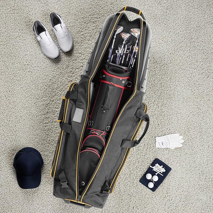 Golf Travel Bag for Airlines with Carbon Fiber Look Hard Top, Protective Club Traveling Cover with Wheel, Golf Club Carrier Case for Airplanes, Thick Padding, Durable Zippers, 2 Spacious Side Pockets