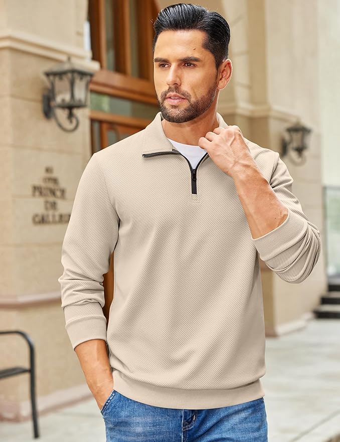 COOFANDY Mens Quarter Zip Pullover Sweatshirts Lightweight Long Sleeve Mock Neck Sweater Polo