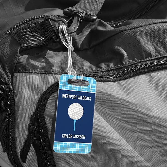 ChalkTalkSPORTS Golf Luggage & Bag Tag | Personalized Team with Golf Ball | Standard Lines on Back | Small | Carolina/Navy